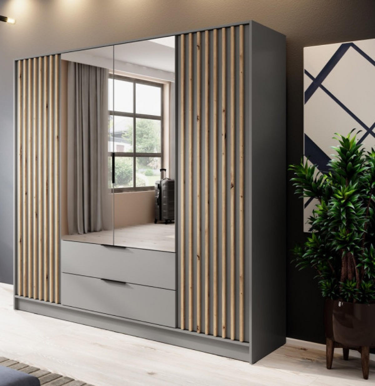 SCHRANK Grau KELLY Mit Lamellen Und Spiegel 206 cm - Transparent/Grau, Holzwerkstoff (206/200/51cm) - Sepro Meble
