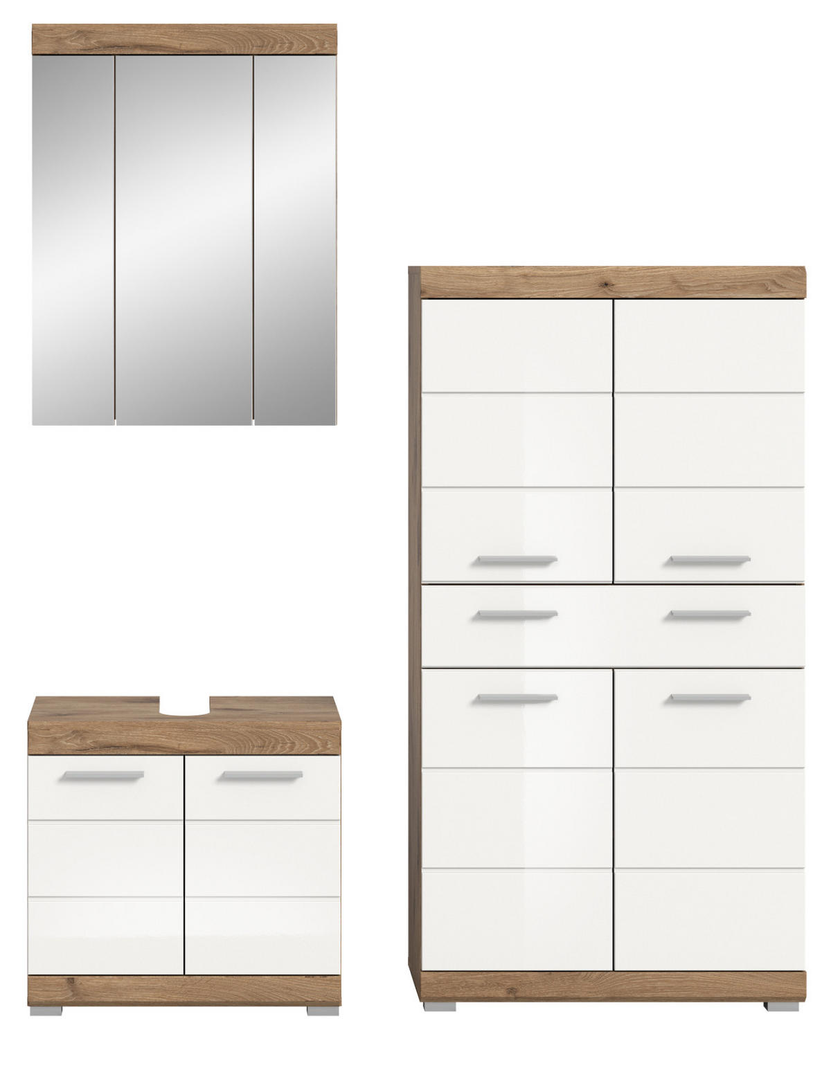 BADMÖBEL-SET weiß Hochglanz, Eiche 3-teilig 149 cm mit viel Stauraum - Weiß Hochglanz/Eichefarben, Glas/Holzwerkstoff (149/191/34cm) - Inn.Furn