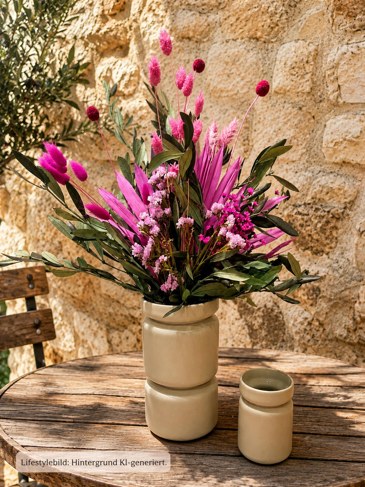 OLIVE Garden - Mediterraner Trockenblumenstrauß in grün pink - pink / 50 cm - Rosa, Naturmaterialien (50cm) - Lykke & You