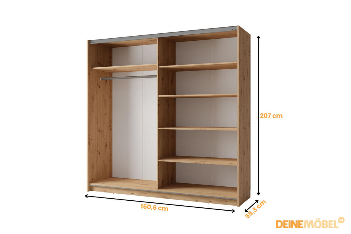 SCHWEBETÜRENSCHRANK ARLO II 150/207 cm in Eiche Artisan - Eiche Artisan, Holzwerkstoff (151/59/207cm) - Deine Möbel 24