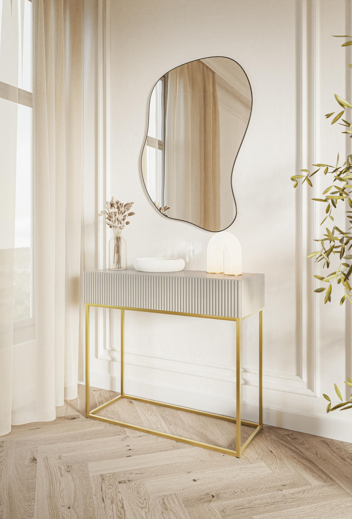 KONSOLENTISCH Veldio Graubeige mit goldenen Beinen 90 cm - Greige/Goldfarben, Holzwerkstoff/Metall (35.6/90/79cm) - Selsey