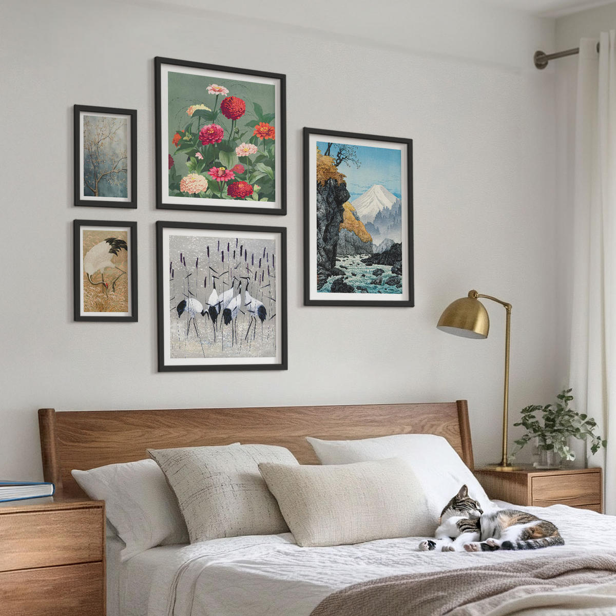 BILDER SET 5er Set - 50x50 cm & 20x30 cm & 40x60 cm Schwarzer Rahmen - Berge, Fluss, Blumen, Kraniche - Schwarz, Kunststoff (40/60cm) - TULUP