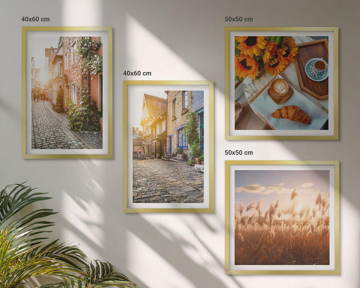 BILDER SET 4er Set - 50x50 cm & 40x60 cm Goldrahmen - Charmante Straßen mit Kaffee - Goldfarben, Kunststoff (50/50cm) - TULUP