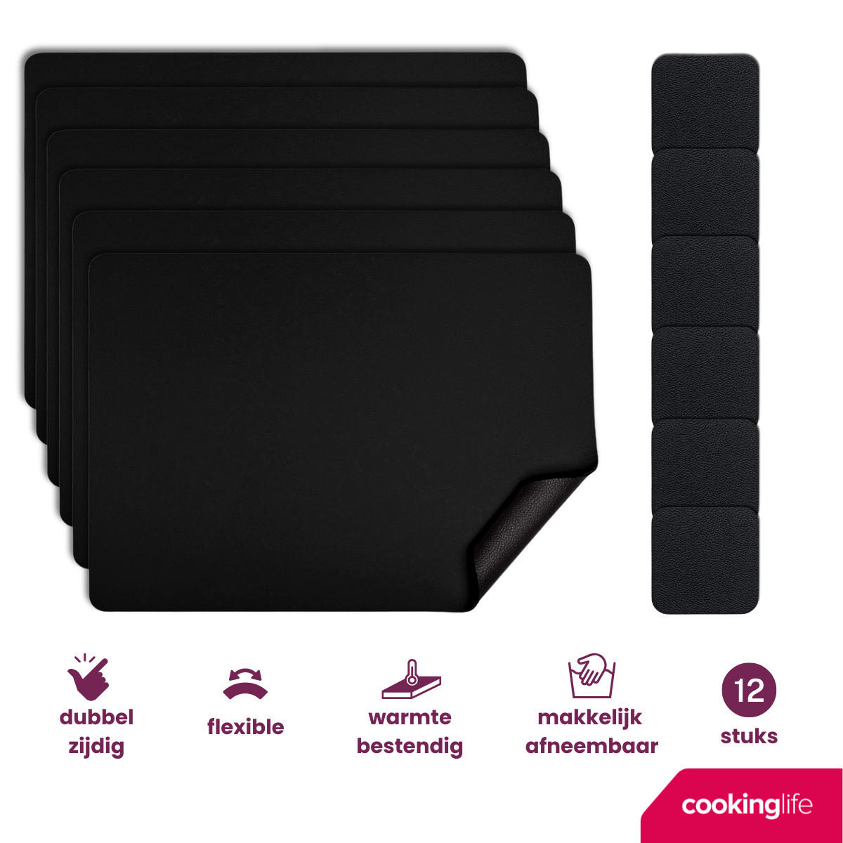 COOKINGLIFE 6 Platzsets + 6 Untersetzer - Veganes Leder - Schwarz - 12 Stück - Schwarz, Kunststoff (2/1cm) - Cookinglife
