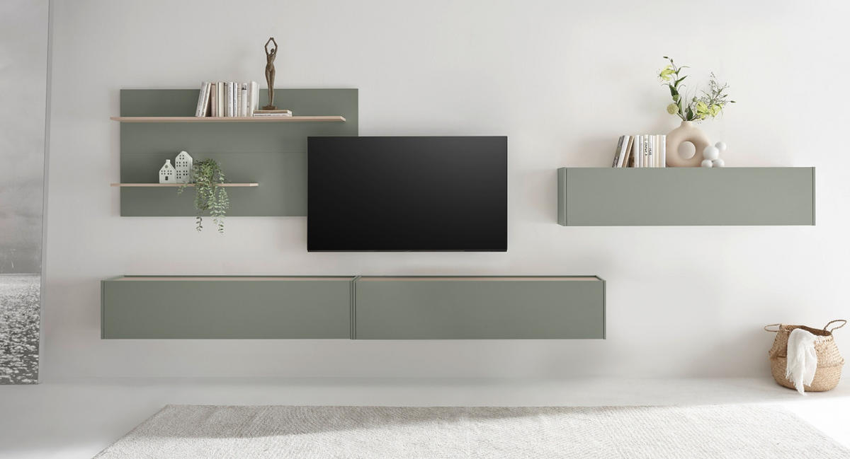 WOHNWAND 4-teilig, Set in Salbei Grün und Eiche, mit XXL TV Lowboard 300 cm hängend, gesamt 400 x 190 cm - Salbeigrün/Eichefarben, Holz/Holzwerkstoff (400/190/30cm) - Furn.Design