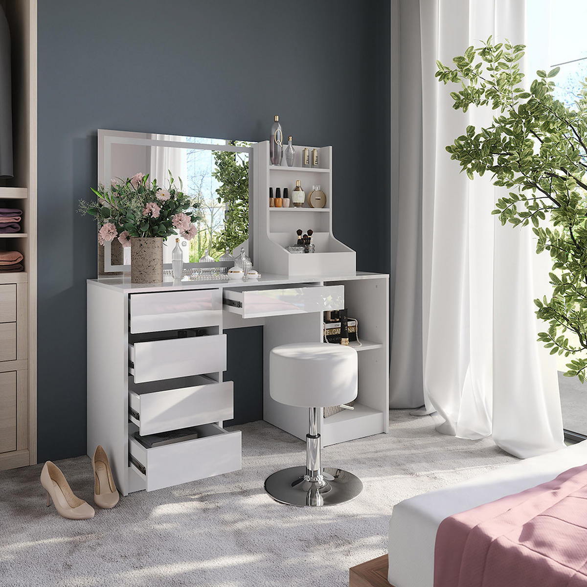 SCHMINKTISCH Sherry Weiß/Weiß Hochglanz 128.2 cm 4 Teile - Weiß Hochglanz, Holzwerkstoff (128.2/76/50.1cm) - Vicco