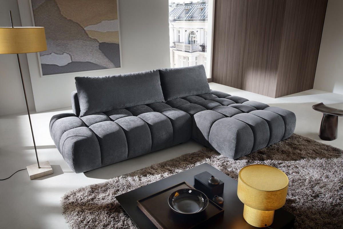 ECKSOFA GARDA Grau Chenille mit Schlaffunktion - Grau, Holz (280/131cm) - MASSENO