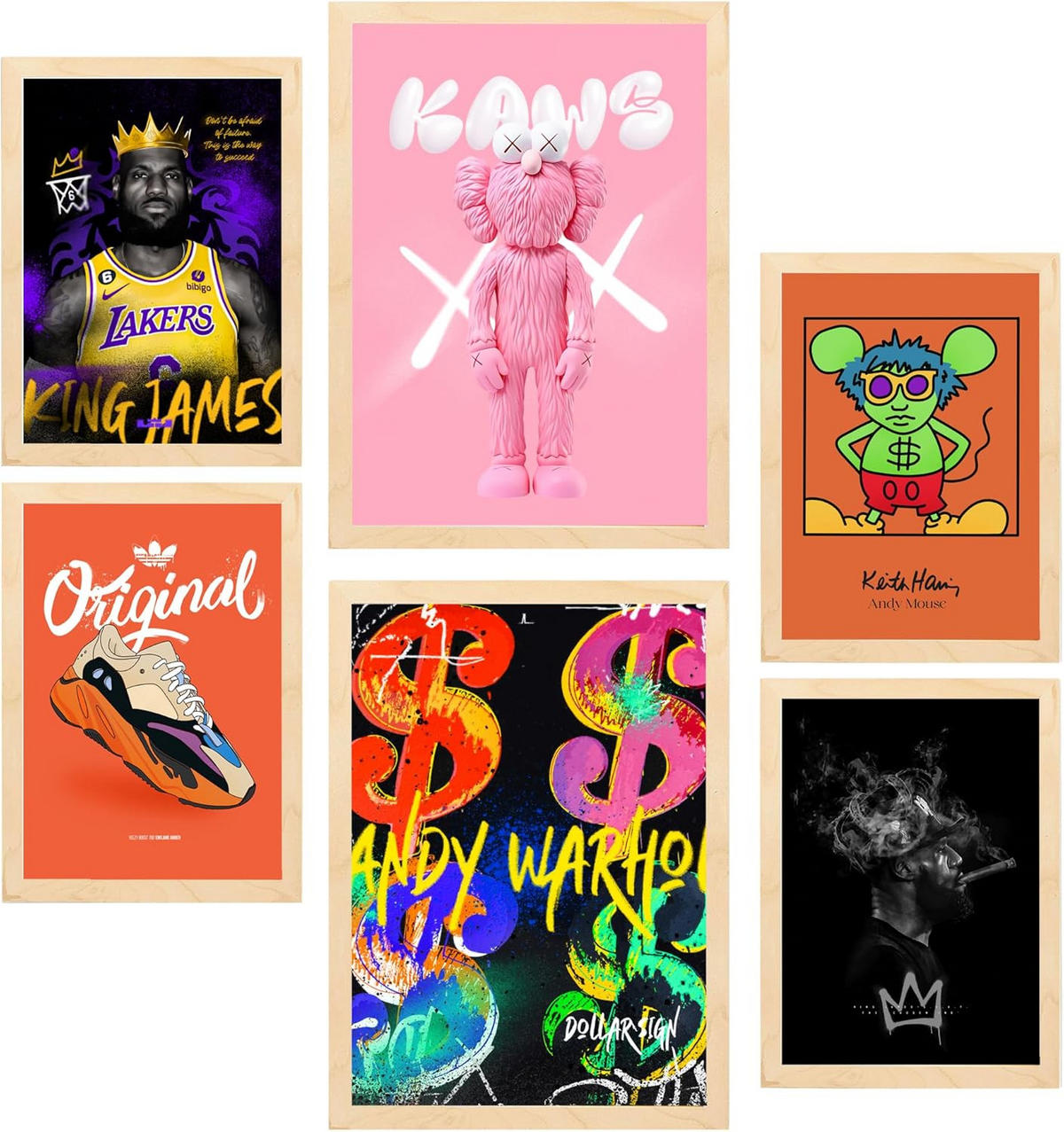 POSTER Set Mit 6 Grafiti Pop Warhol Lakers A3 & A4 Rahmen Aus Hellem Holz - Beige, Papier (29/3/42cm) - Nacnic