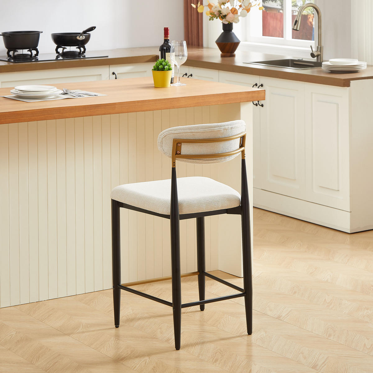 BARHOCKER 2er-Set mit Rückenlehne und Stoffkissen, Creme - Beige, Textil (51/94/50cm)