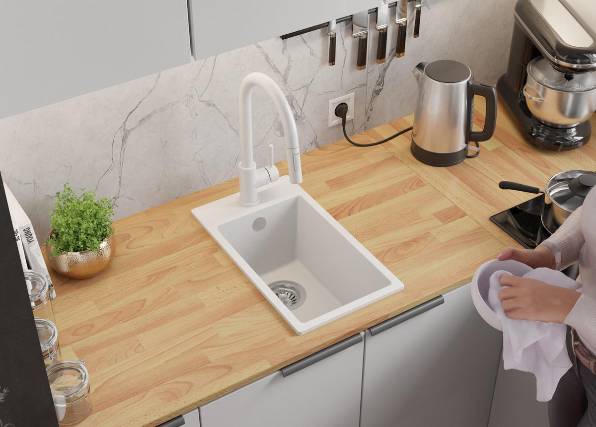 GRANITSPÜLE Riga, 2-er set Alles Weiß 28/50 cm 1 Becken + Küchenarmatur 40/20 cm + Ablauf-Set ab 30er Unterschrank - Weiß, Kunststoff (28/20/50cm) - Primagran