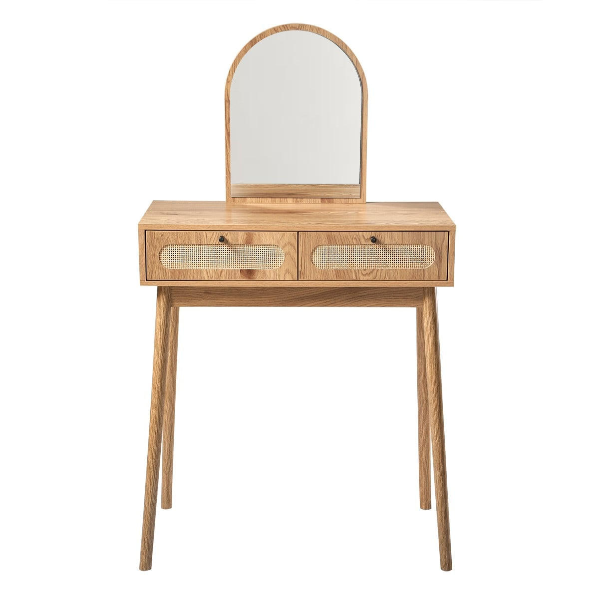 SCHMONKTISCH mit Spiegel und 2 Schubladen Rattanfronten 80/39/140 cm - Eschefarben, Holzwerkstoff (39/140/45cm) - Calicosy