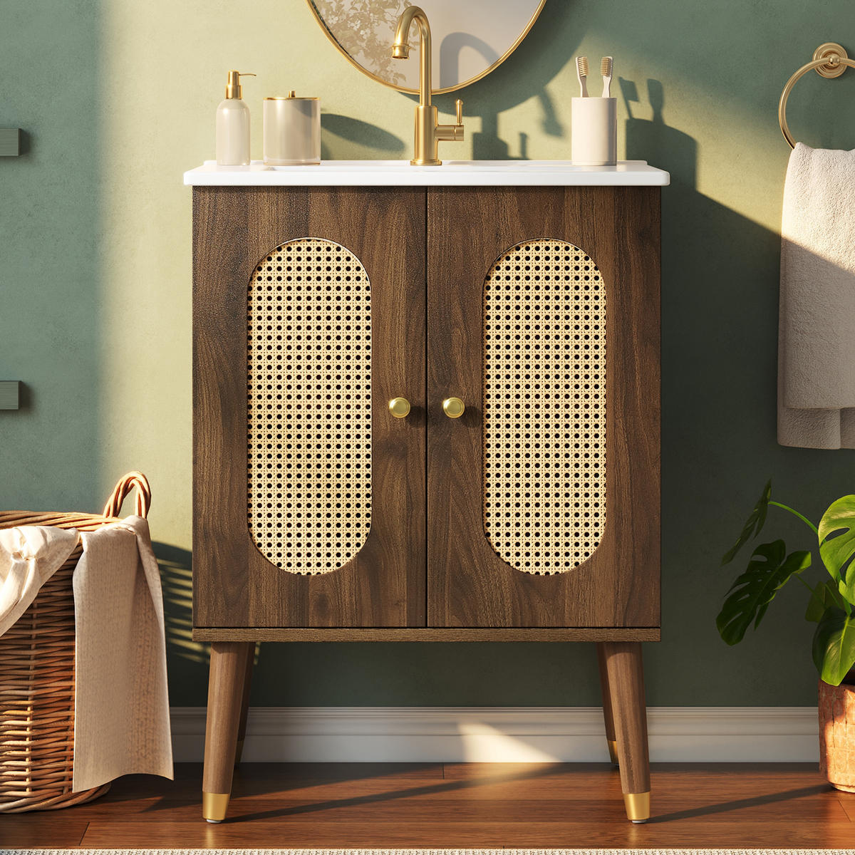 BADEZIMMERSCHRANK Rattan Türen Keramik Waschbecken Stauraum 61cm - Walnussfarben, Keramik (61/89/47cm) - FLIEKS