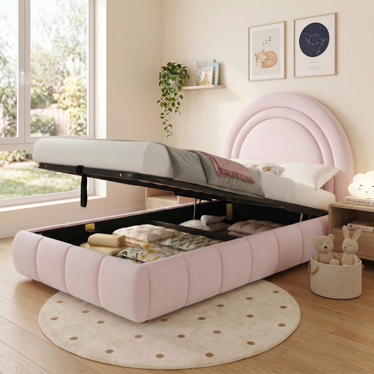 KINDERBETT 90/200 cm in Rosa Samt mit Stauraum, Lattenrost und gepolstertem Kopfteil - Rosa, Holzwerkstoff/Textil (90/200cm) - WISHDOR