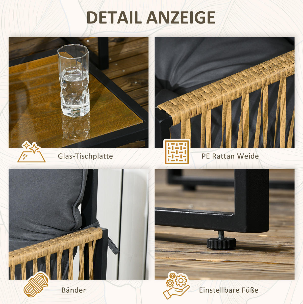 GARTENSET aus Polyrattan und Polyester 106x70x72 cm Dunkelgrau mit Couchtisch, 2 Sesseln und Sofa - Dunkelgrau, Holzwerkstoff - Modfu