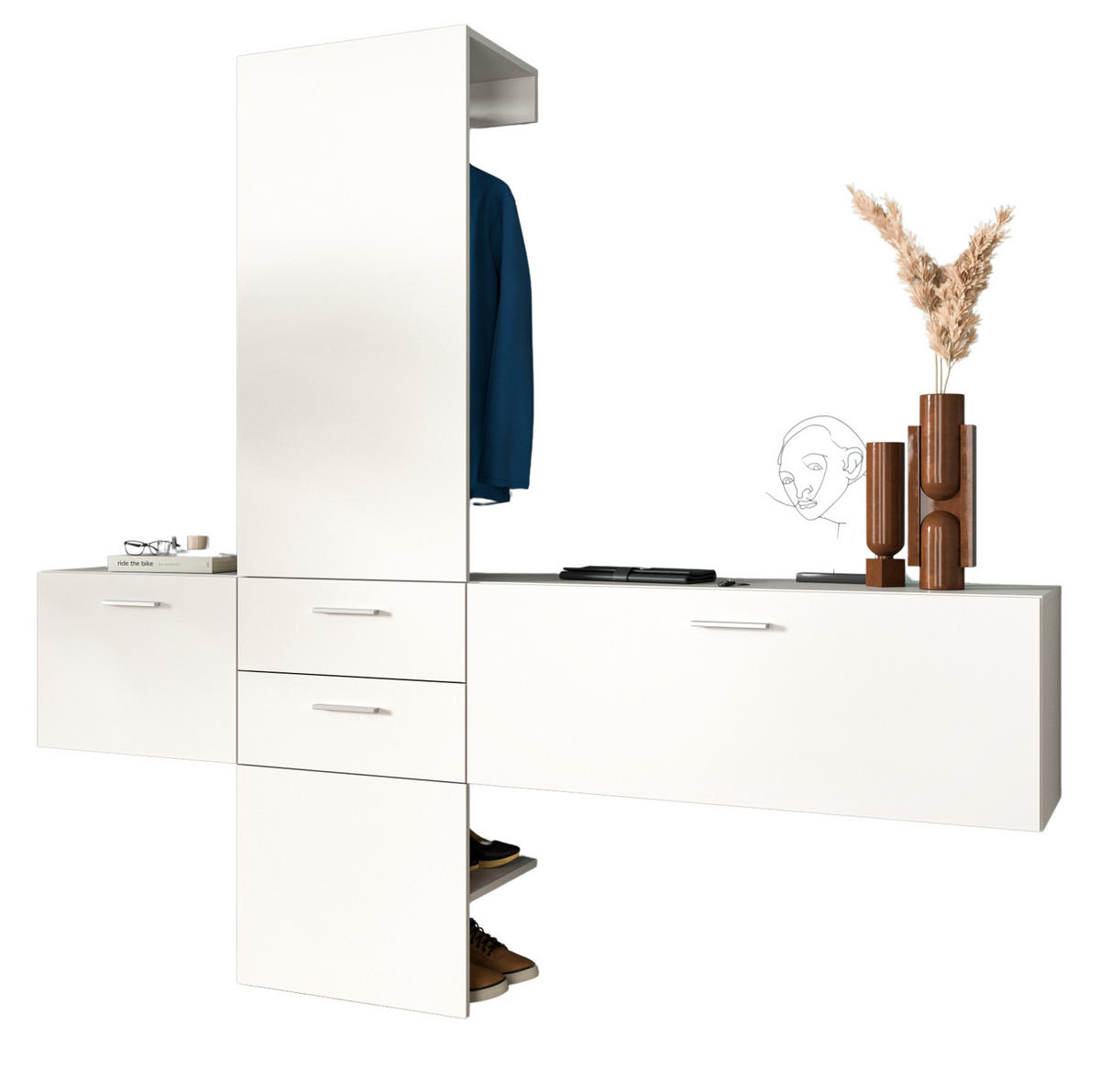 GARDEROBE Set 3-teilig weiß 208 cm, Komplettset mit viel Stauraum - Silberfarben/Weiß, Glas/Holzwerkstoff (208/190/36cm) - Inn.Furn