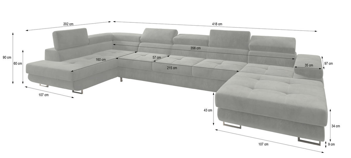 WOHNLANDSCHAFT TORIVA R-S Hellgrau Velours-Stoff mit Schlaffunktion - Hellgrau, Holz (418/90/202cm) - MASSENO