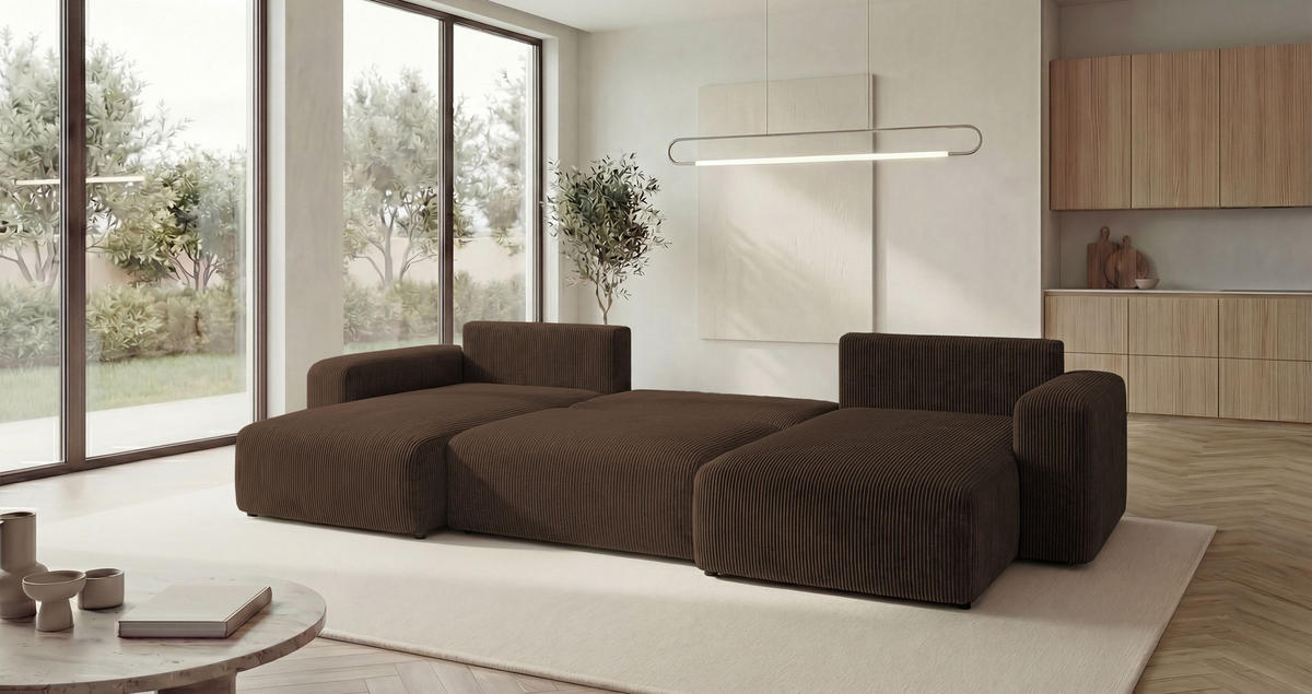 SEDACÍ souprava BERLIN tvar U hnědá manšestr Poso 6 - funkce spaní, úložný prostor - hnědá, textil (385/86/185cm) - Cornero