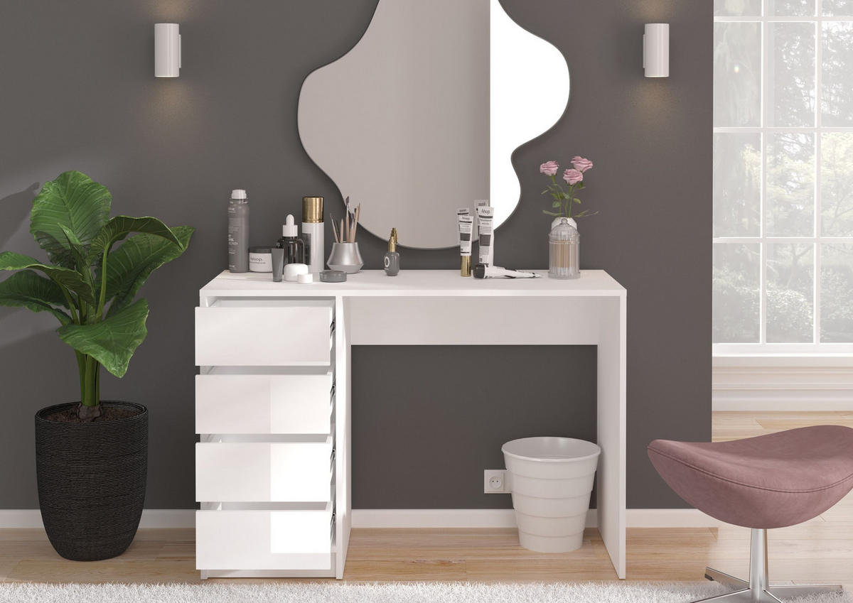 SCHMINKTISCH Emma Schminktisch in weiß Nachbildung und weiß hochglanz B/H/T: 110x75x48 cm - Weiß, Holzwerkstoff (110/75/48cm)