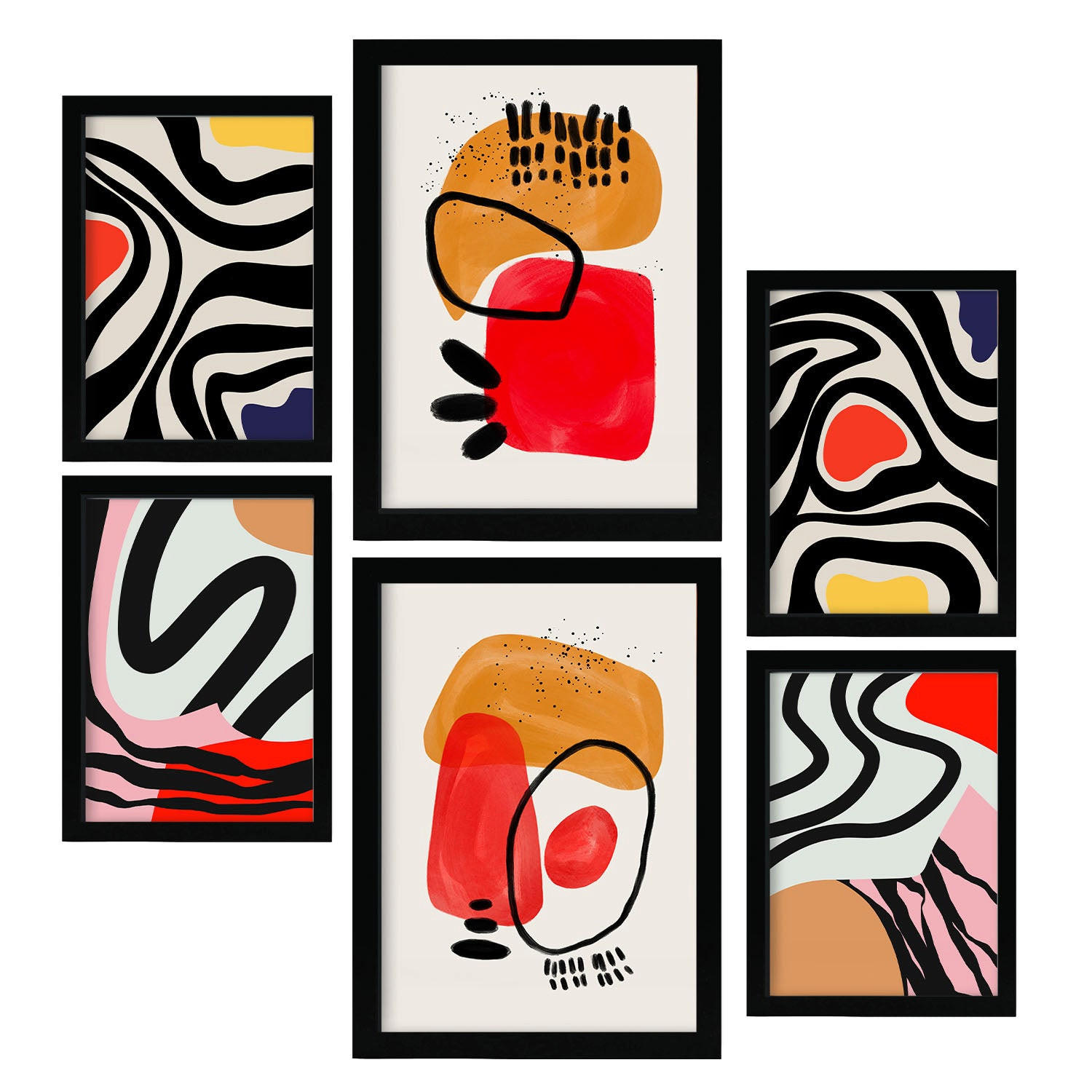 POSTER Set Mit 6 Jazzy Arts 1 In Farbenfrohe Zusammenfassungen A3 & A4 Schwarzer Rahmen - Schwarz, Papier (29/3cm) - Nacnic