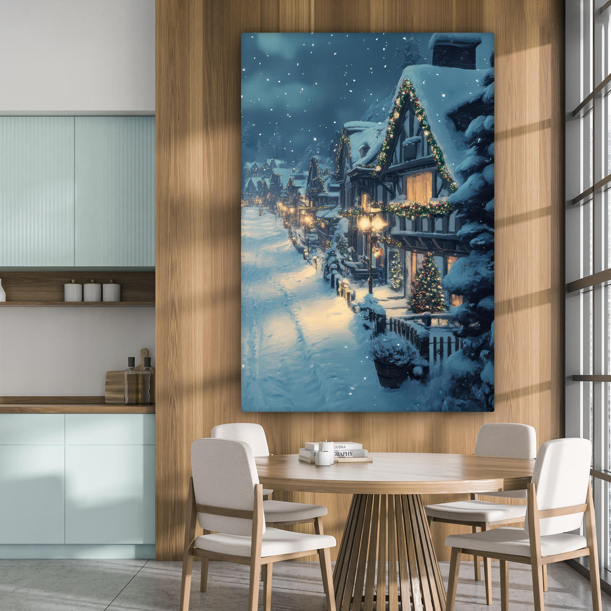 LEINWANDBILD Weihnachtsdorf - Weihnachten - Schnee - Winter 90x140 cm - Dunkelblau, Textil (90/140cm) - MuchoWow
