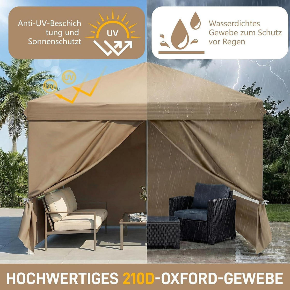 FALTPAVILLON 3 x 3 m Khaki Wasserdicht UV-Schutz 50+ mit 4 Seitenteilen - Olivgrün, Textil (300/255/300cm)