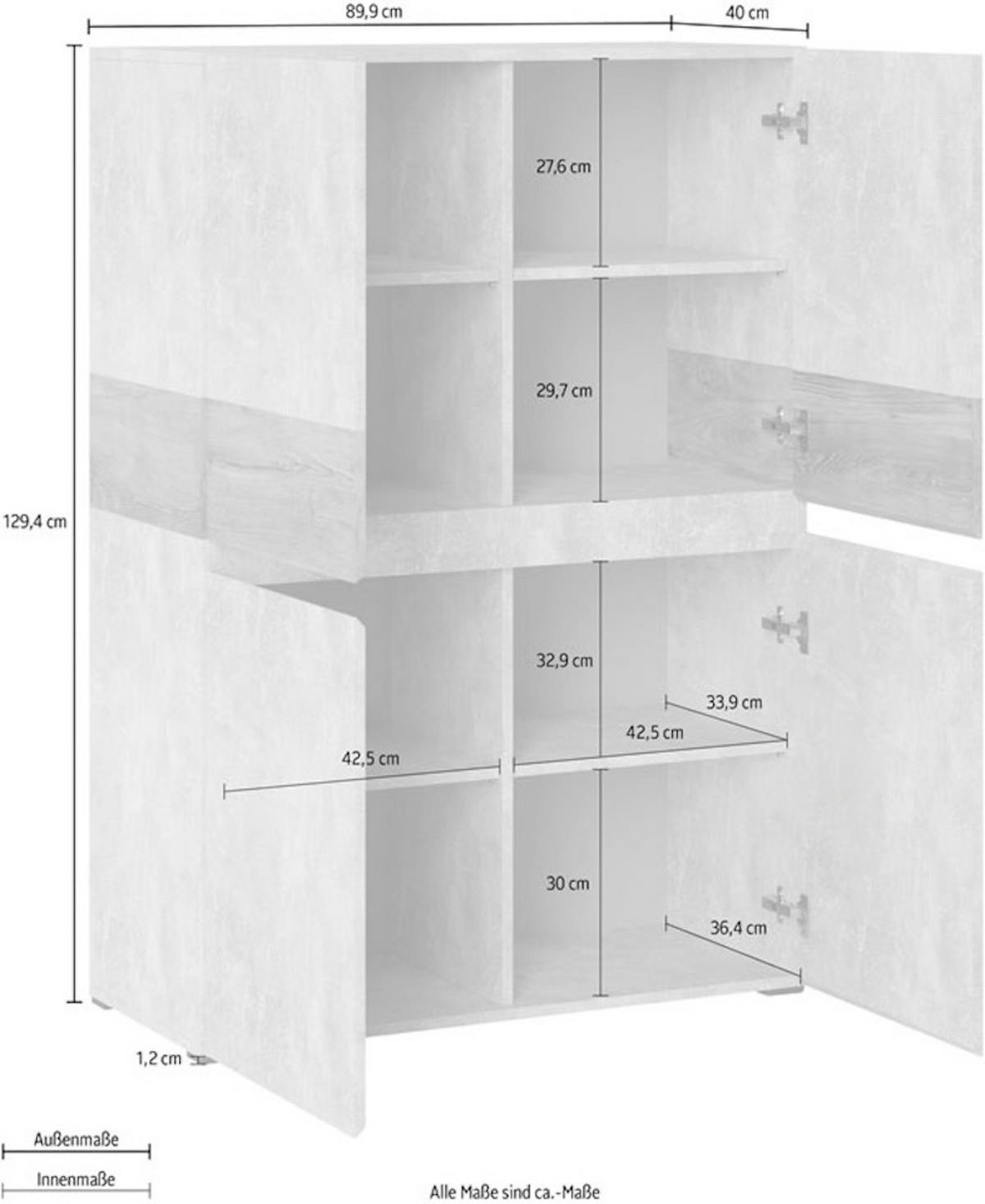 HIGHBOARD Rimini Atelier hell / Kastanie Breslau 90 / 40 / 129,4cm - Braun/Grau, Holz/Holzwerkstoff (90/130/40cm) - Feldmann-Wohnen