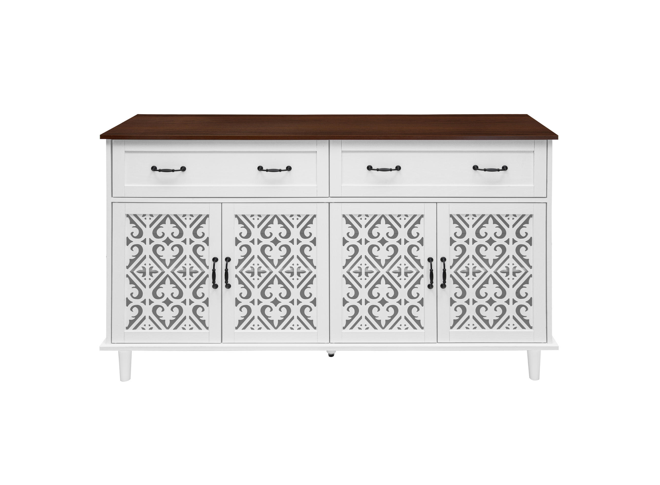 SIDEBOARD in Weiß Kommode mit 4 Türen, 2 Schubladen, geschnitzten Fronten und verstellbaren Einlegeböden, B150/T40/H90cm - Weiß, Holzwerkstoff/Metall (150/90.3/40cm) - STILVORA
