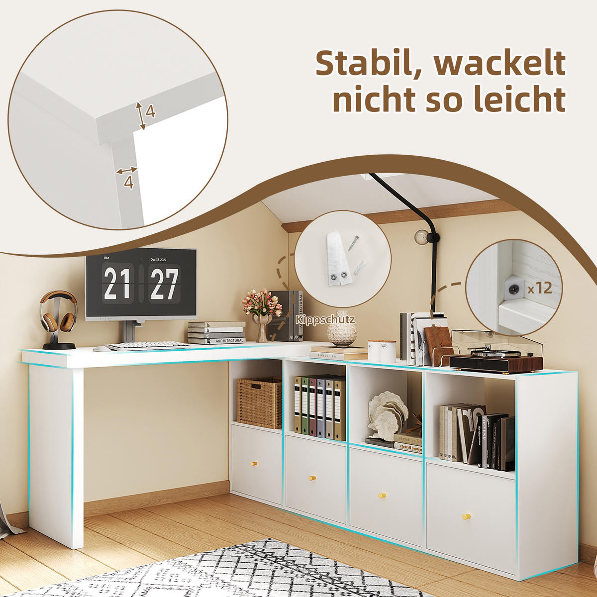 ECKSCHREIBTISCH 360° drehbar L-Form 4 Schubladen 4 Fächer weiß MDF - Weiß, Holzwerkstoff (120/48/78cm) - FLIEKS