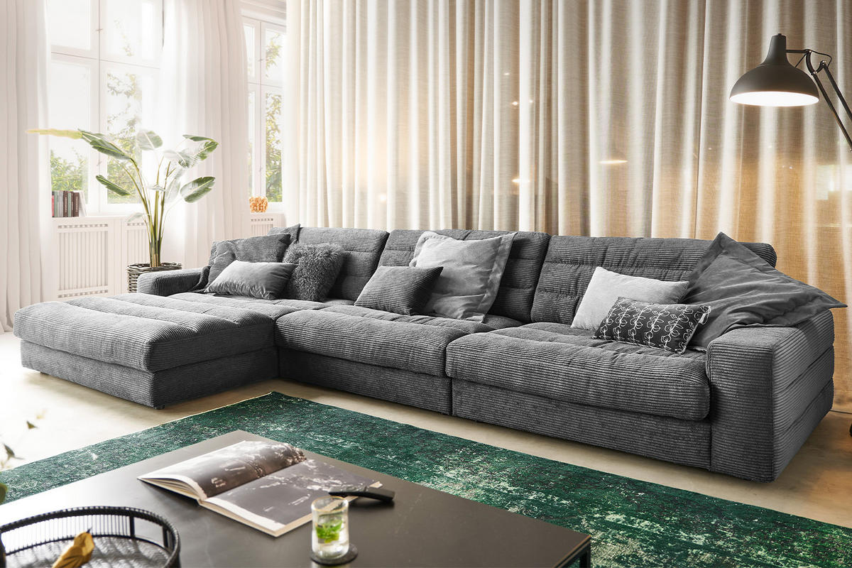 ECKSOFA XL LANA Grau Cord - Schwarz/Grau, Textil (416/205cm) - KAWOLA