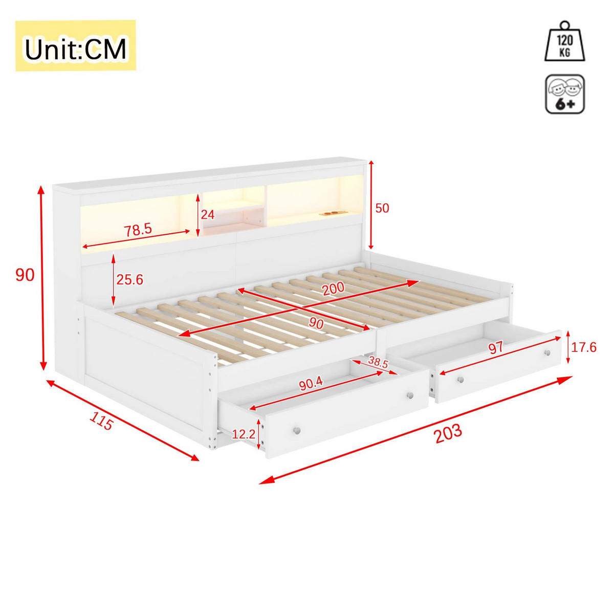 ČALOUNĚNÁ postel s LED osvětlením, 90/200 cm bílá, s úložnými zásuvkami a USB - bílá, kompozitní dřevo (90/200cm) - BEAOK