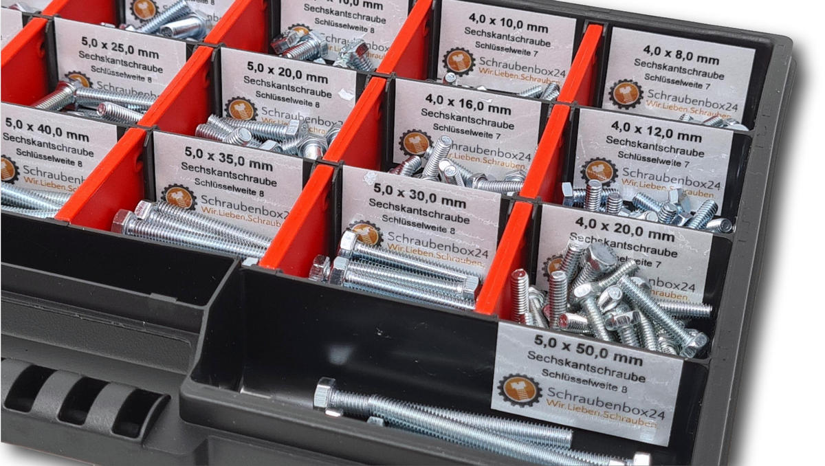 SECHSKANTSCHRAUBEN Sortiment M4-M5-M6 // 8mm-50mm 350 tlg. Schraubenbox DIN 933/ISO 4762 - Zinkfarben, Metall (3.5cm) - Schraubenbox24