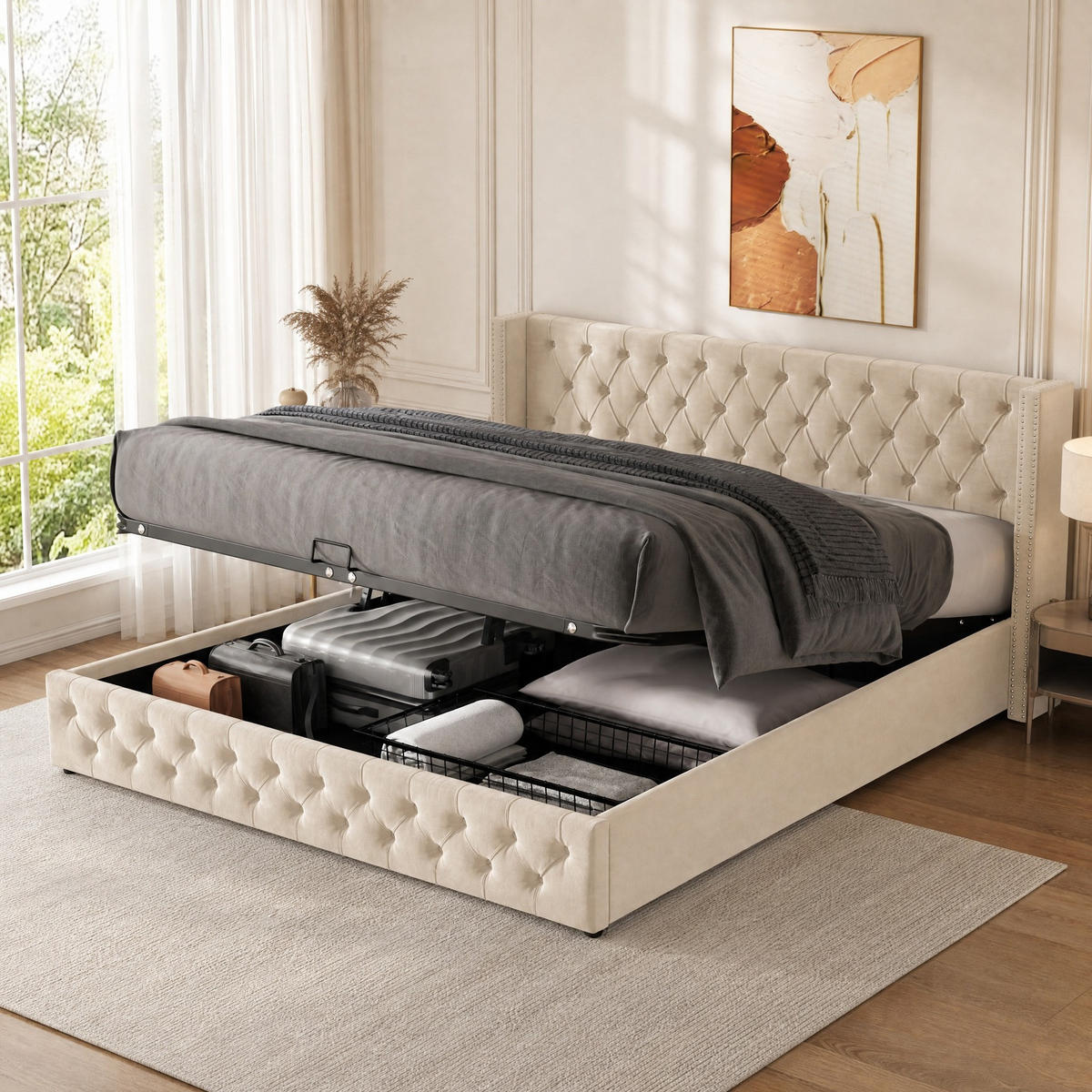 POLSTERBETT 140/190 cm in Beige Samt mit Bettkasten - Beige, Holzwerkstoff/Textil (140/190cm) - CHICFURN