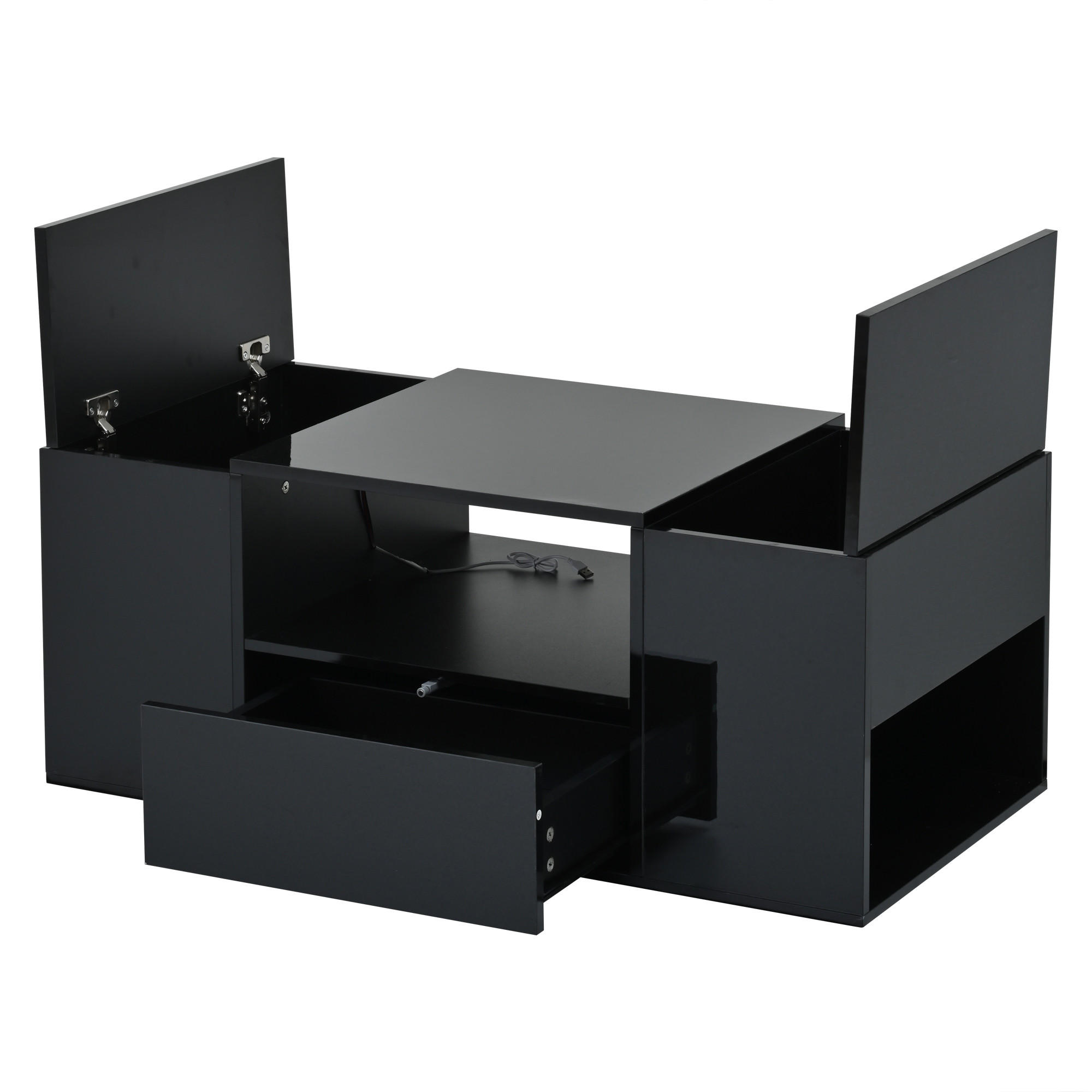 COUCHTISCH LED Schwarz 1 Schublade 2 Schränke 6 Fächer Hochglanz 100x50x40cm - Schwarz, Holzwerkstoff (100/50/40cm) - FLIEKS