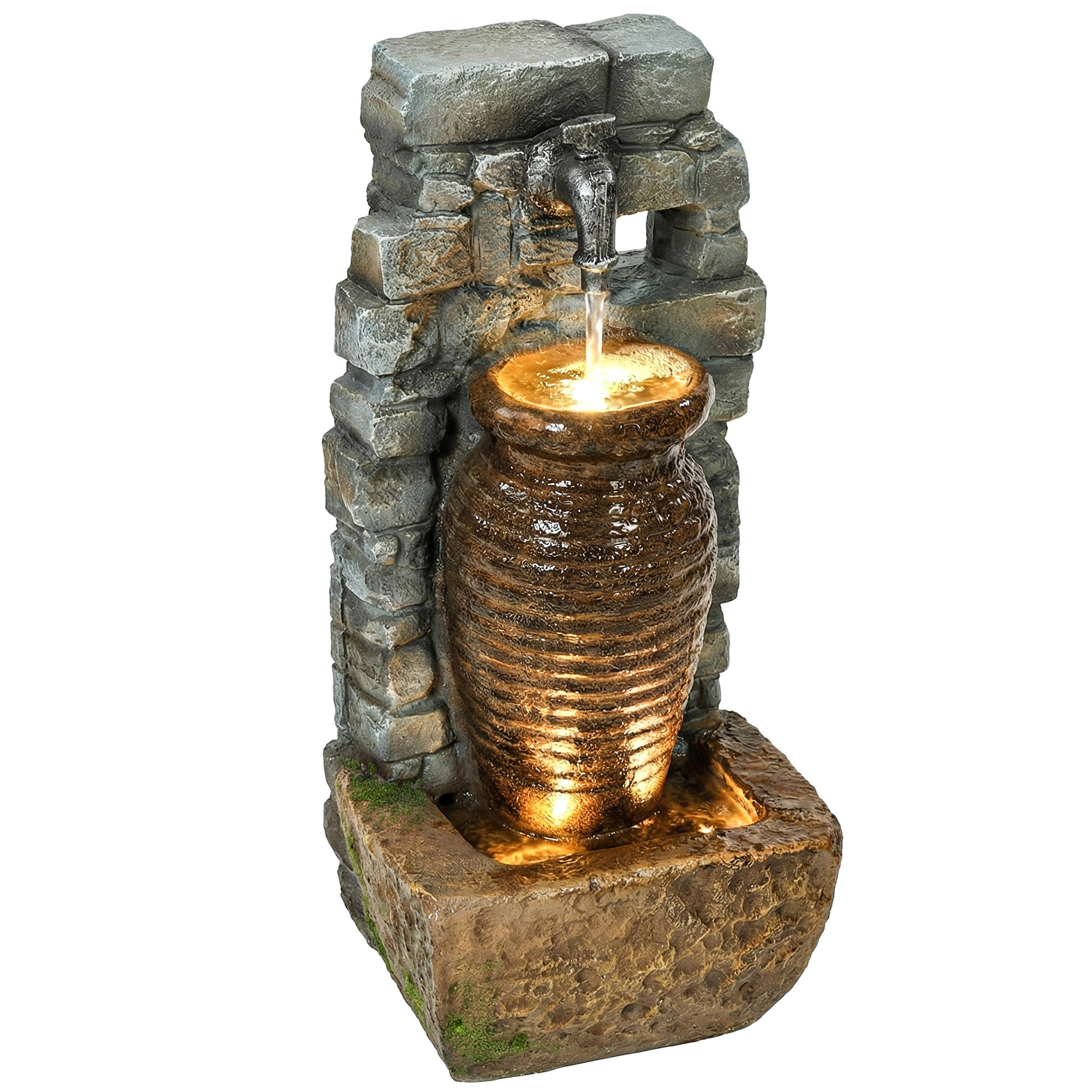 GARTENBRUNNEN mit einstellbarem Wasserfluss und 3-stufiger rustikaler Steinwand im Krugdesign - Anthrazit, Kunststoff (20.5/26cm) - FORIOUS