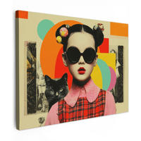 LEINWANDBILD Mädchen - Sonnenbrille - Katze - Retro Wandbild 40x30 cm - Beige, Textil (40/30cm) - MuchoWow