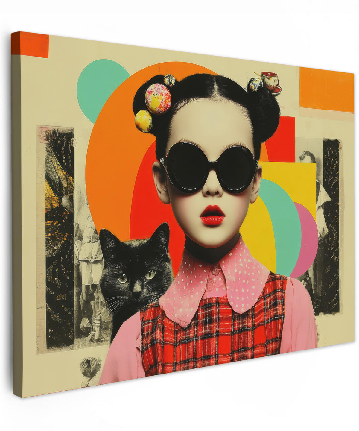 LEINWANDBILD Mädchen - Sonnenbrille - Katze - Retro Wandbild 40x30 cm - Beige, Textil (40/30cm) - MuchoWow