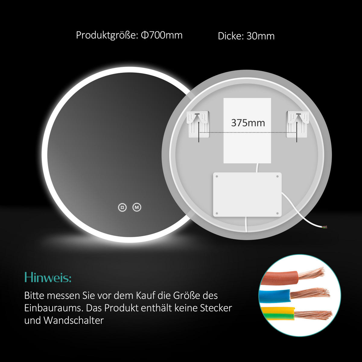 BADSPIEGEL mit Beleuchtung 3 Lichtfarben einstellbar beschlagfrei ф70 cm - Weiß, Glas (70/3.5/70cm) - EMKE