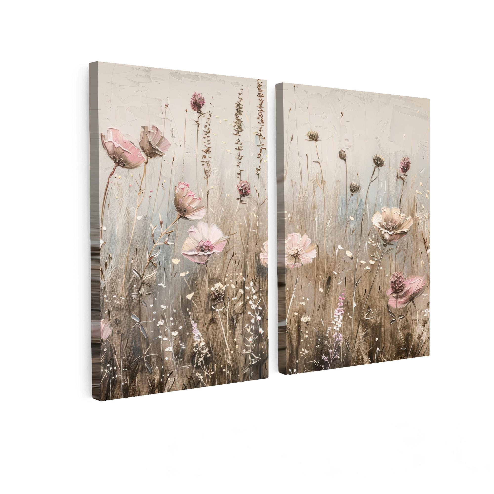 OBRAZ NA PLÁTNĚ 2dílná sada Květiny - béžová - moderní - růžová 120x90 cm - ecru, textil (120/90cm) - MuchoWow
