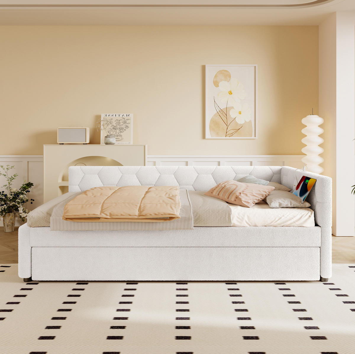 TAGESBETT 90/200 cm mit Ausziehbett, USB- und Typ-C-Anschluss, Nachttischlampe und Lattenrost, Vliesimitat, Weiß - Weiß, Textil (90/200cm) - Redom