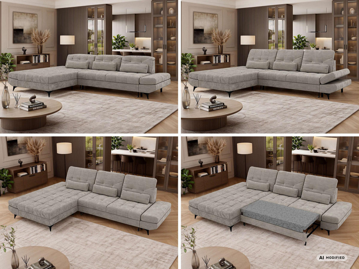 ECKSOFA ALVENO L - Hellgrau Schenille glatt - Links Seite - Hellgrau/Schwarz, Textil/Metall (218/344cm) - MKS