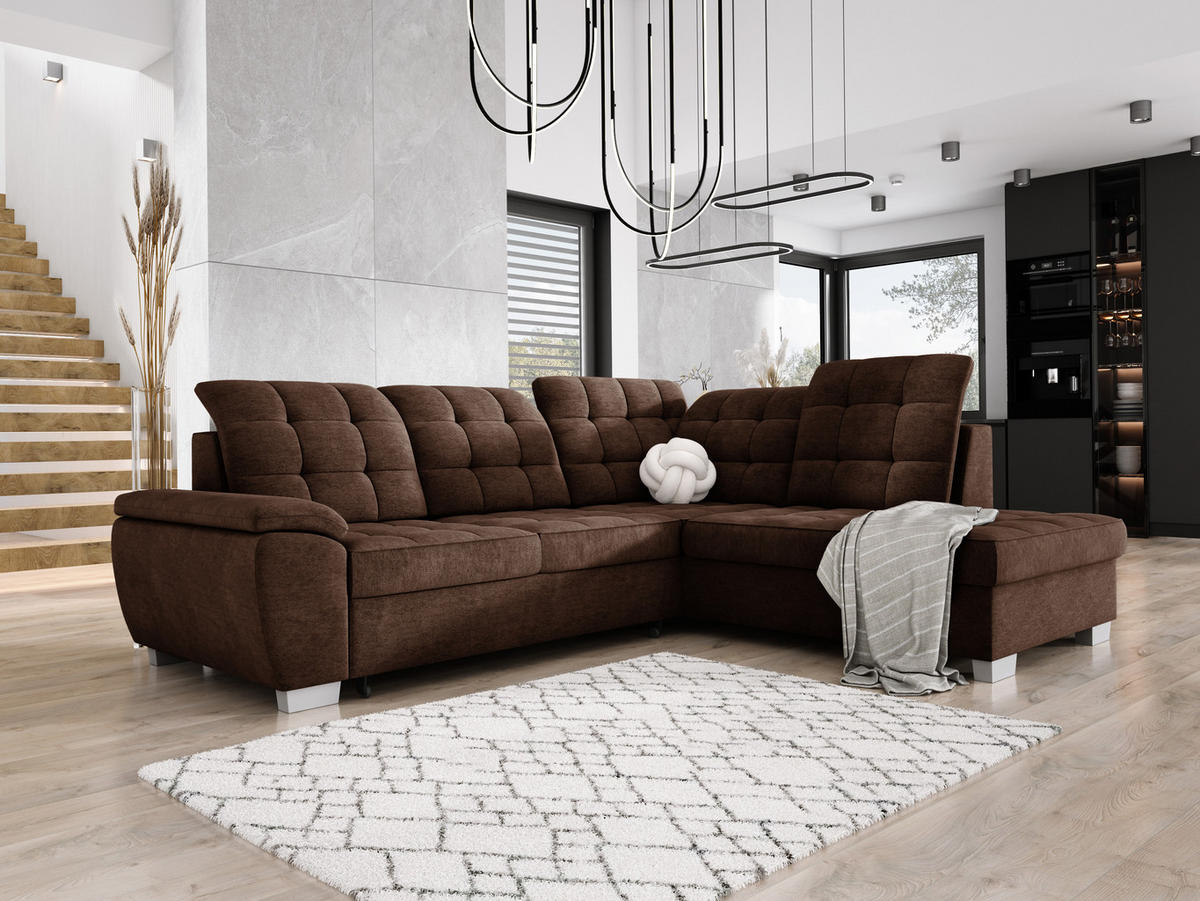 ECKSOFA LOTTA L-förmig Bettkasten verstellbare Kopfstützen hochwertige Verarbeitung lose Rückenkissen freistehend RECHTS 258x212x106 cm Brown - Braun, Holz/Textil (258/212cm) - DomoHome