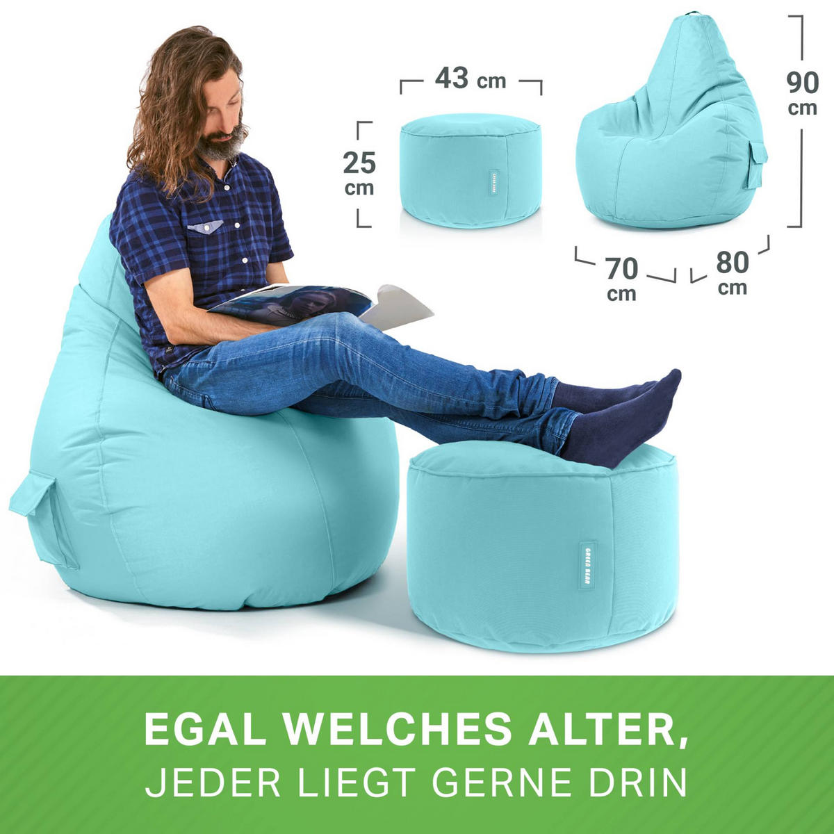 SITZSACK + Hocker "Cozy+Stay" 2er Set - Hellblau, Textil (70/90/80cm) - Green Bean