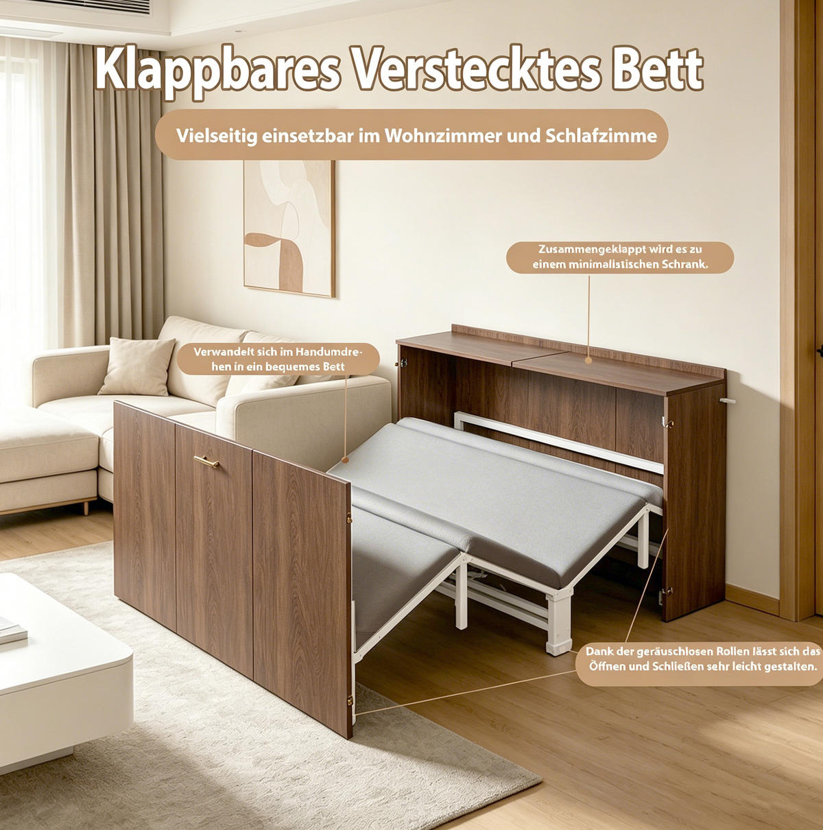 SCHRANKBETT Klappbett 140/200 cm aus Holz und Metall mit Matratze und leisen Rollen Holzfarbe - Naturfarben, Holz (140/200cm) - Modenvie