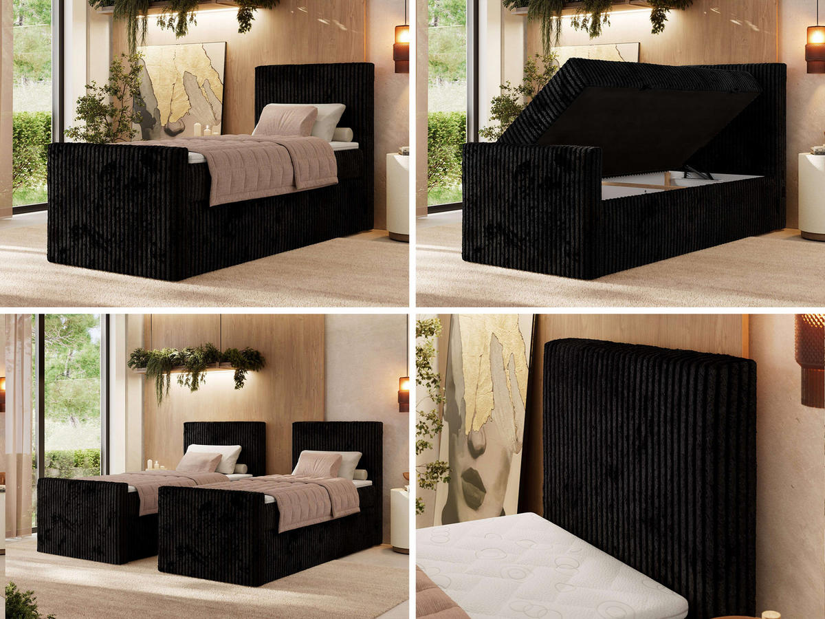 BOXBETT TILIANO DUO 90/200 - Schwarz Cord - H4 - Topper Visco - Rechts Seite - Schwarz, Textil (90/200cm) - MKS