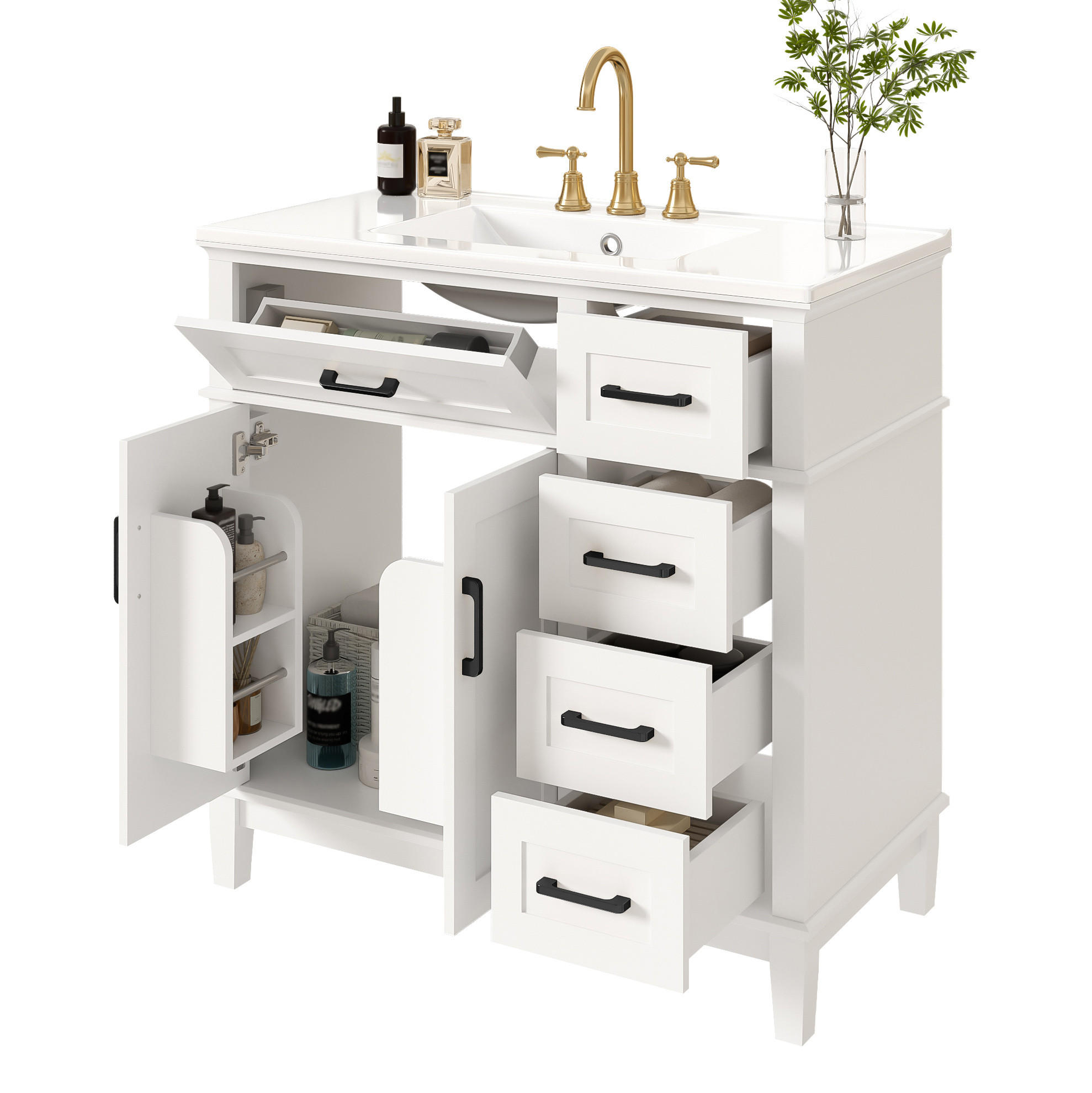 OKWISH KOUPELNOVÁ skříňka s umyvadlem 90/46/87 cm bílá z MDF a keramiky s tichými zásuvkami