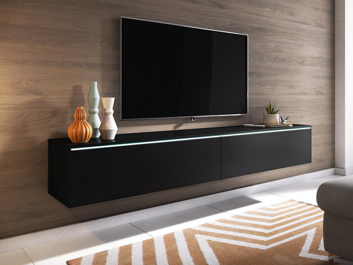 TV-LOWBOARD D180 mit weißer LED Beleuchtung - Silberfarben/Schwarz, Holzwerkstoff/Kunststoff (180/30/33cm) - MIRJAN24