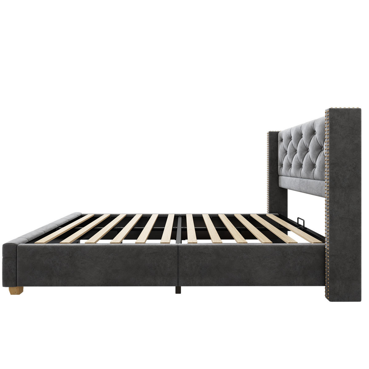 POLSTERBETT 90/200 cm Grau mit Lattenrost und Kopfteil, Samt und Nieten - Grau, Textil (90/200cm) - OKWISH