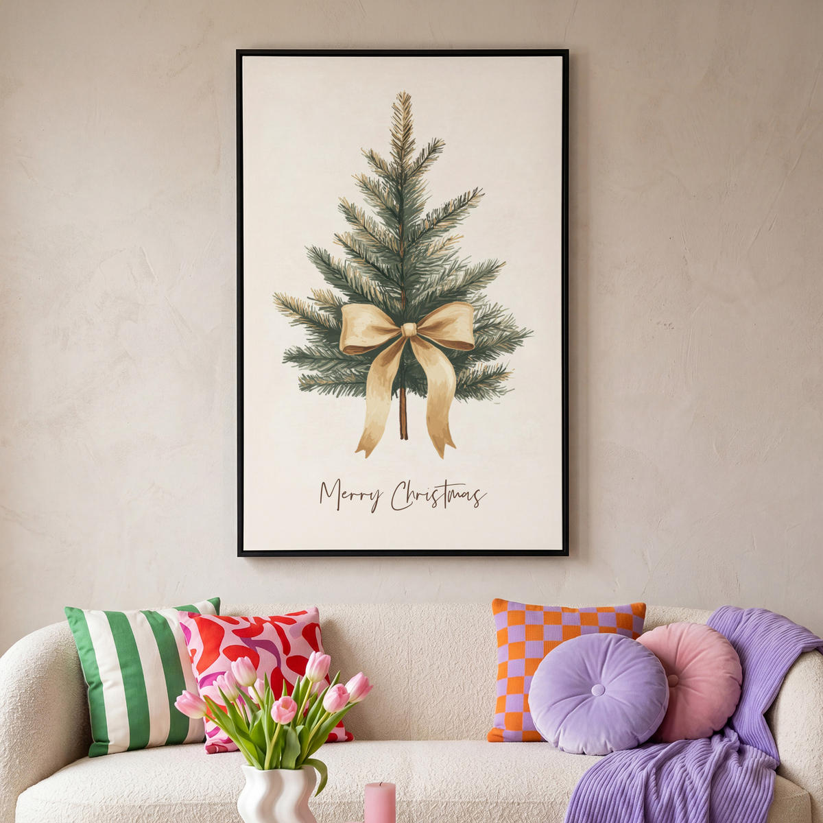 LEINWAND Bilder mit Rahmen - Weihnachtsbaum - Weihnachten - Frohe Weihnachten - Beige - 90x140 - Sandfarben, Textil (90/140cm) - MuchoWow