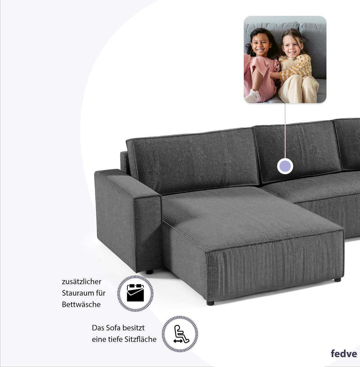 WOHNLANDSCHAFT Sekwana U Grau - Braun, Naturmaterialien (185/70/398cm) - Fedve