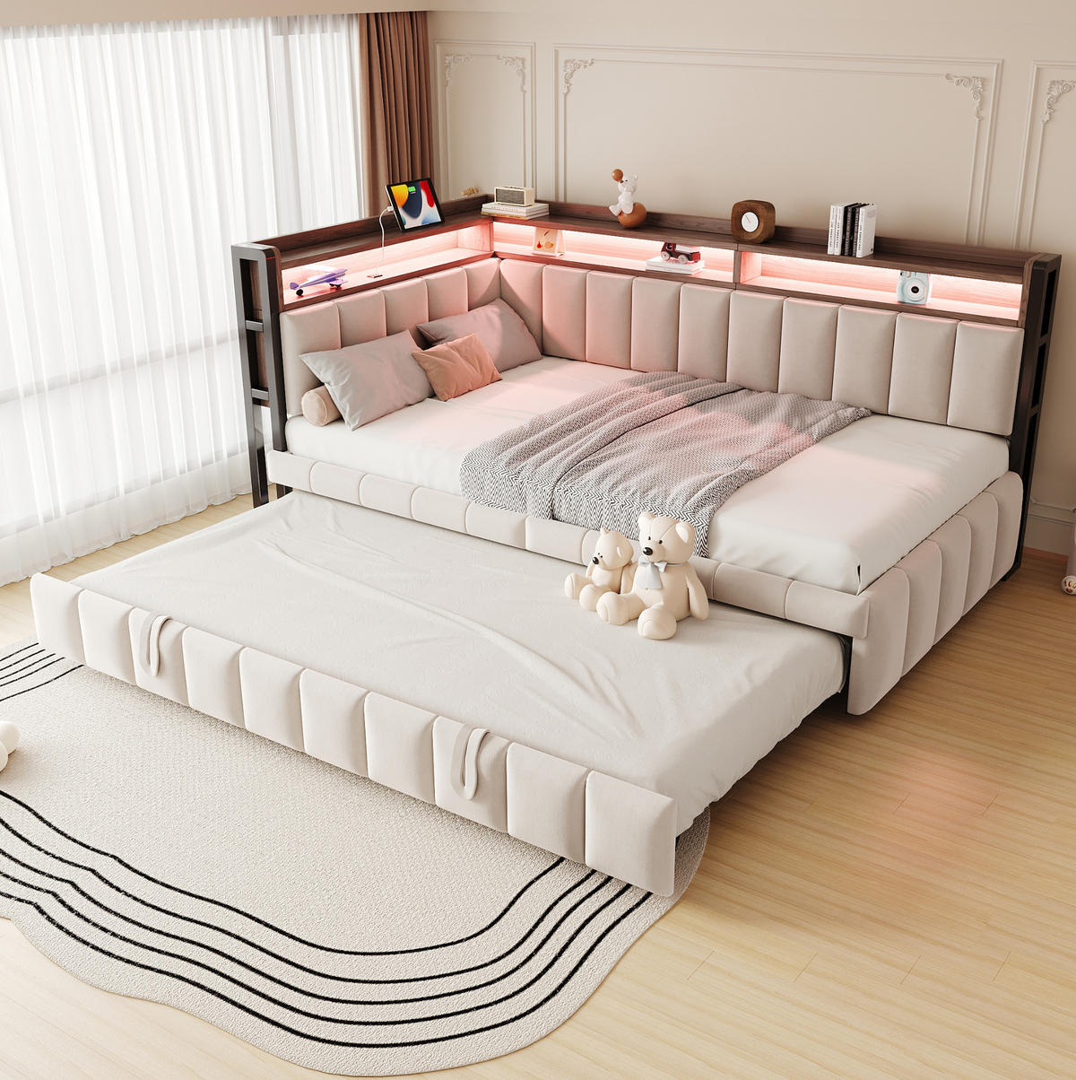 BETT mit Ausziehbett 90/200cm und LED-Beleuchtung in Beige Samt - Beige, Textil (90/200cm) - OKWISH